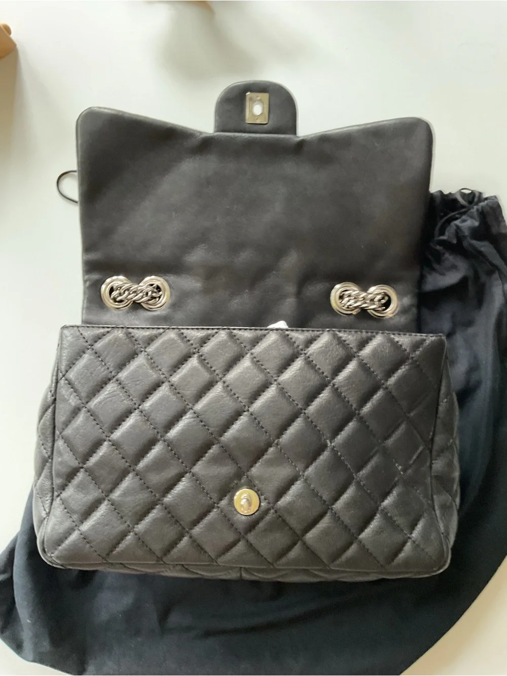 CHANEL Black Quilted Large Flap Shoulder Bag with Silver Chain